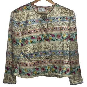 Adrianna Papell Womens Floral Striped Silk Blazer 16 Button-Front Jacket